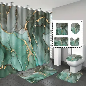 1pc/4pcs, Shower Curtain Sets, bathroom curtains shower, shower curtains, bathroom decor, bathroom rug, home decoration, bathroom mat, green ink marble pattern, abstract luxury theme decoration, bathroom set, with 12 hooks
