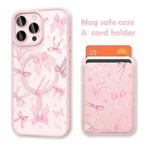 Watercolor Pink Bow White Clear MagSafe Compatible Phone Case & Card Holder Wallet Magnetic Shockproof Cover for iPhone 17 /16 Pro Max Cases for Samsung S25 Black