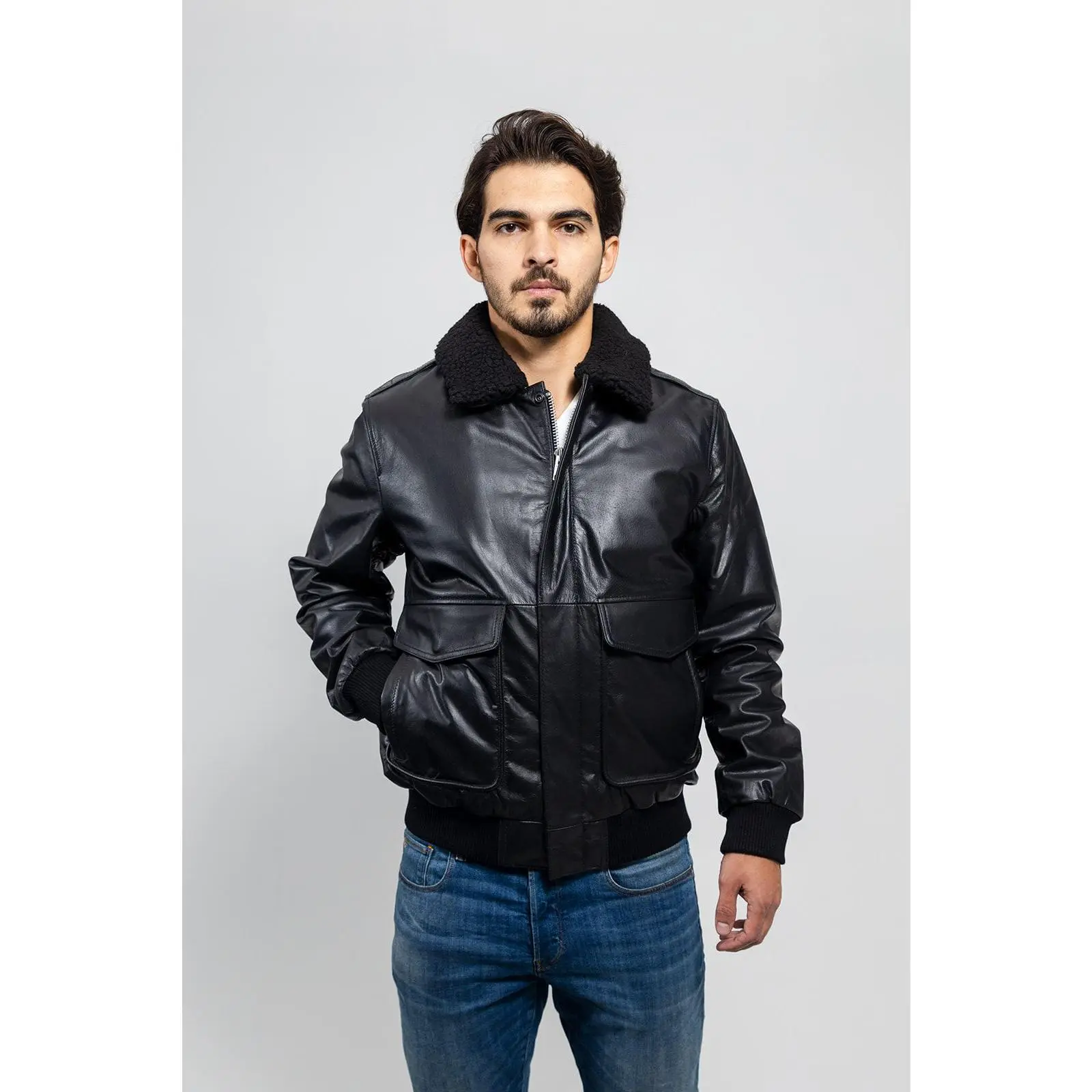 FM Men's Black Aviator Leather Bomber Jacket w/ Removable Fur Collar