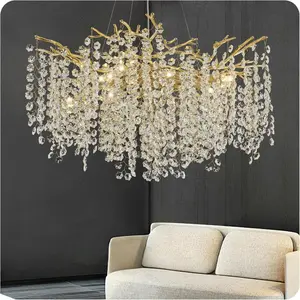 Luxurious adjustable hanging crystal chandelier, 23.6inch, 8-light snowflake circular golden branch chandelier, suitable for dining room, living room, foyer, kitchen island, bathroom, etc.Features three-color dimming