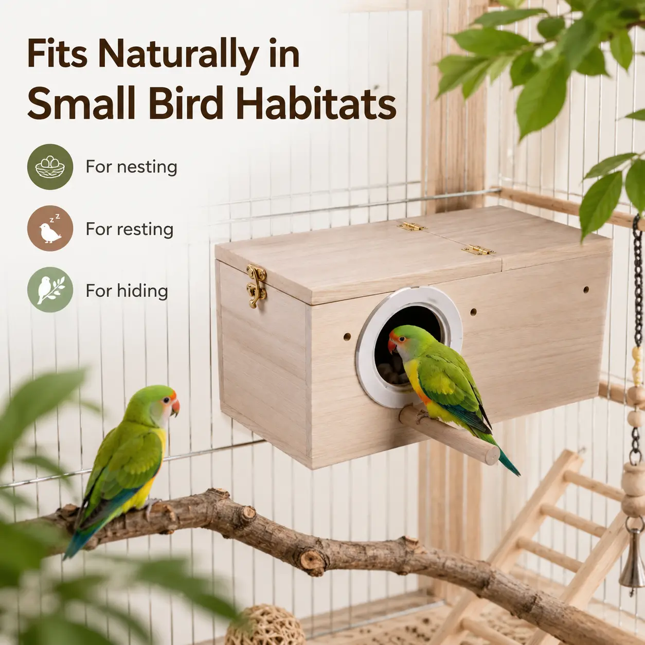 Paulownia Wood Bird Nest Box with Perch, Hinged Lid, Vent Holes and Round Entry for Parakeets, Lovebirds, Budgies and Small Birds