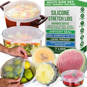 7-Pack Reusable Silicone Stretch Lids for Food Storage - Kitchen Household Products, Kitchen Organization Tools, Heat-Resistant Food Grade Covers for Bowls, Cups, Cans, Jars, Round & Rectangle Containers, Dishwasher Safe
