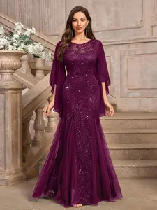 MIUSOL 24438A Elegant Sparkly Sequin Floral Lace Butterfly Sleeve Mesh Formal Prom Party Evening Maxi Dress,Modest Women Dress, For Wedding Guest, Graduation, Dinner