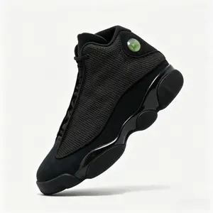 All Black Retro High-Top Basketball Sneakers - Breathable Mesh Upper, Non-Slip Shock Absorbing Sole, Unisex Streetwear Athletic Shoes for Daily & Sports Use