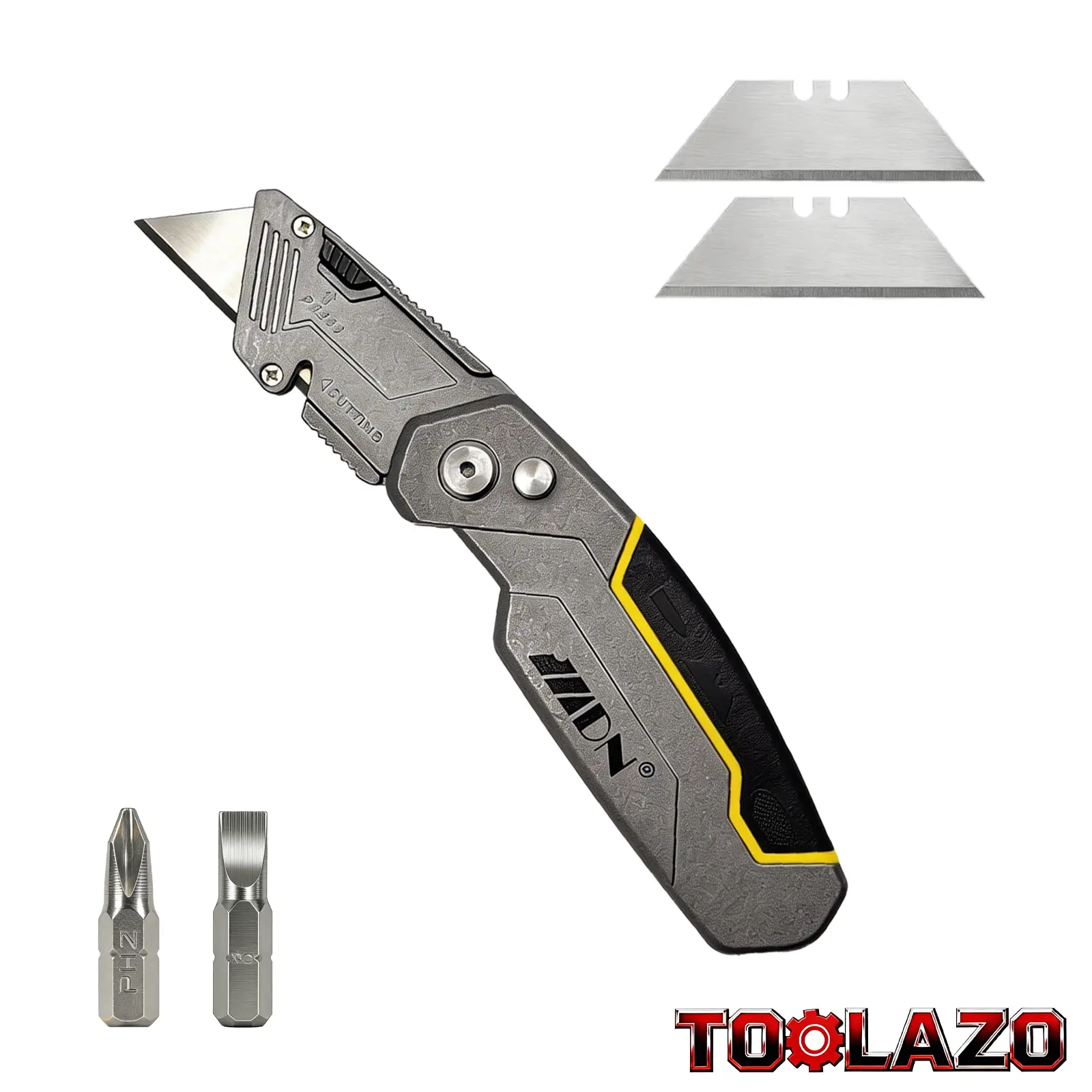 2-in-1 Folding Multi-Tool Screwdriver | Yellow Silver EDC Utility Tool with Flathead & Phillips Bits | Built-In Blade Storage with 2 Spare Blades | Pocket Clip Compact Design for Warehouse, Outdoor, DIY & Cardboard Cutting | Gift for Dad