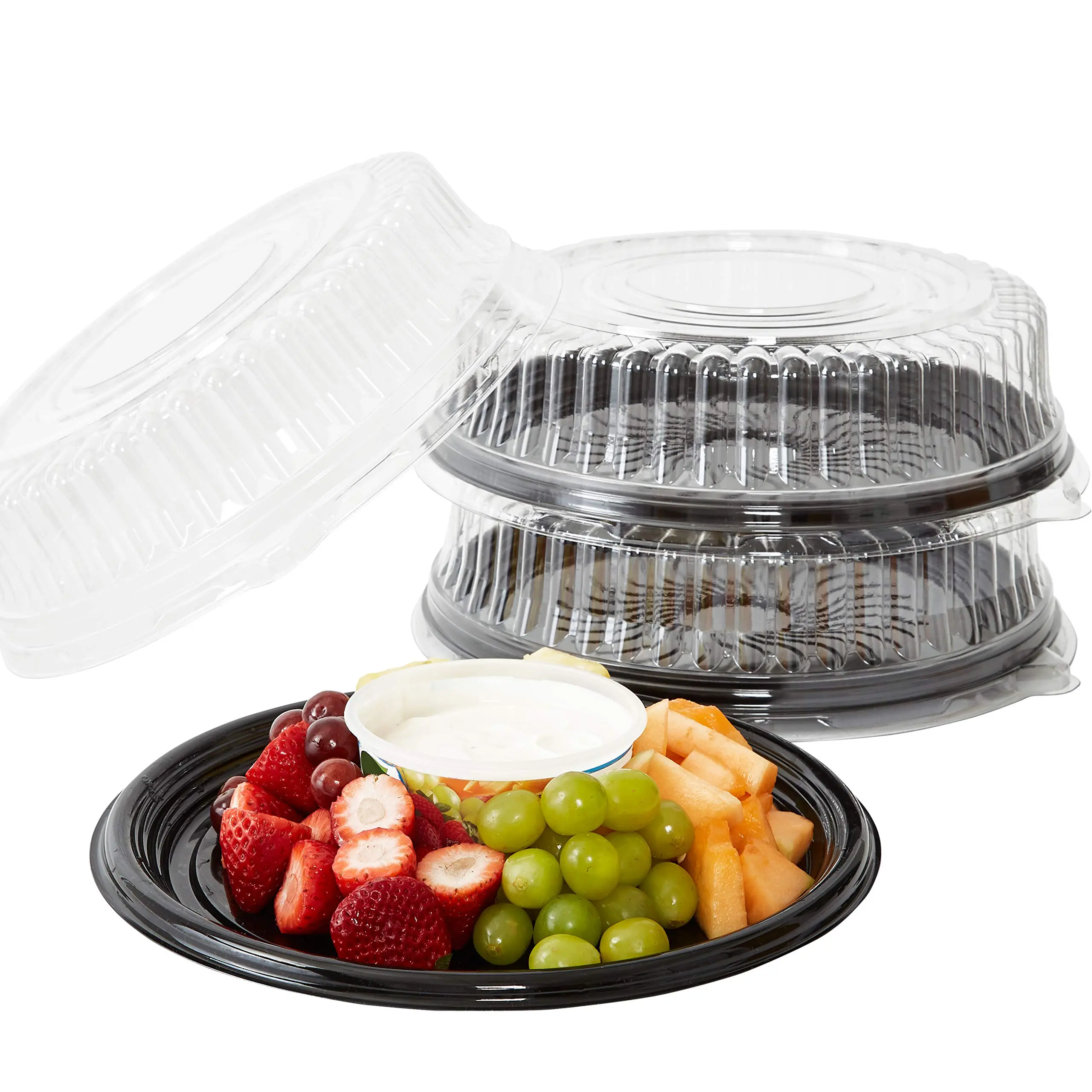 Heavy Duty  Recyclable 12 In. Serving Tray And Lid 3pk. Large Black Plastic Party Platters With Clear Lids Dishware Plate Elegant Round Banquet Or Catering Trays For Appetizers