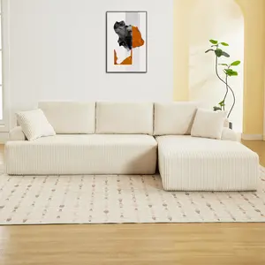 【Christmas Gift】Beige-Right 106 in. Beige Corduroy Sectional Sofa with L-Shape Chaise and Deep Seat