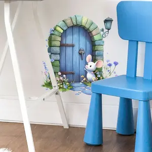 A blue door floral and animal creative wall sticker, suitable for bedroom, living room background walls, waistlines, and baseboards, home decoration sticker, self-adhesive, MS3332-YL