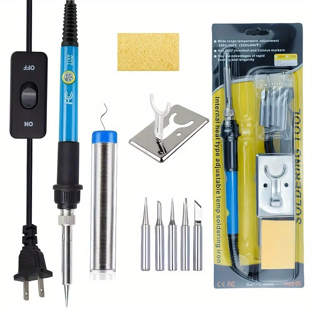 9-in-1 Soldering Kit, 1 Set Multifunction 60W Adjustable Temperature Welding Tool with ON-Off Switch, 5pcs Soldering Iron Tips and Y Type Soldering Ir