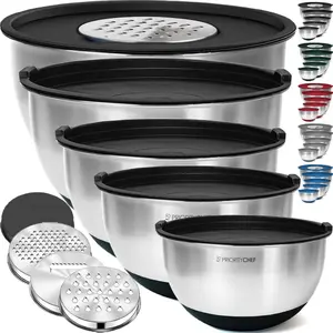 Stainless Steel Mixing Bowls with Lids Set, 3 Grater Attachments, Airtight Lids, Non-Slip Silicone Base Mixing Bowl Set, Large Prep Metal Mixing Bowls for Kitchen, Black