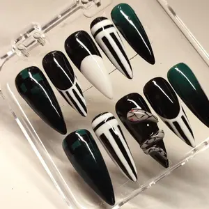 Anime Cosplay Press On Nails, Long Black White Green Nail Set with Stripe and Mask Design, Handmade False Nails