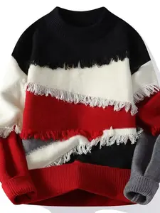 Single-piece color-blended thick-knit sweater with patchwork design, autumn-winter men's new style knitted sweater, trendy, loose, round neck