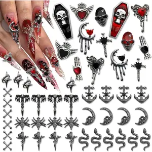 RODAKY 50Pcs Halloween Nail Charms 3D Skull Spider Charm and Gems Black Red Cross Snake Nails Art Jewels Multi Shapes Dark Gothic Accessories for Manicure Design Craft DIY