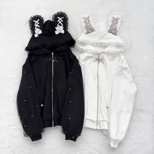 Spring/Autumn Japanese Cybercore Anime Jacket |   Women's Ribbon Rabbit-Ear Hooded Bow Pearl-Detailed Cute Versatile Long-Sleeve Outer Wear
