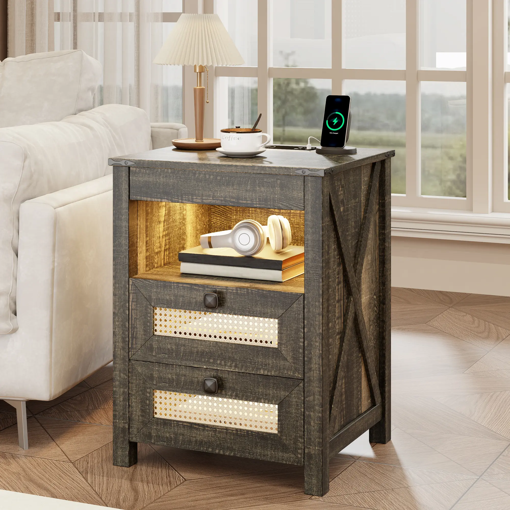 Dystler Rustic Smart Night Stand with Gun Drawer - Nightstands with Drawer, Rattan Brown Bedroom Furniture, Human Sensor LED Bedside End Table with Charging Station