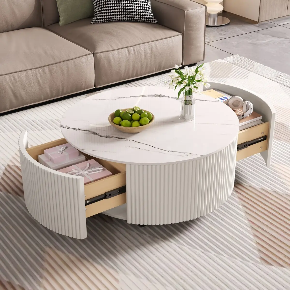 [Bellemave] Round Marble Pattern Coffee Table with Sintered Stone Top| Movable Casters & 2 Drawers| Living Room Furniture