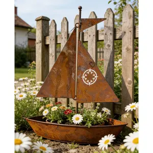 Vintage Sailboat Shaped Planter, Distressed Iron Flower Pot, Creative Succulent Plant Container, Garden Balcony Festival Decor