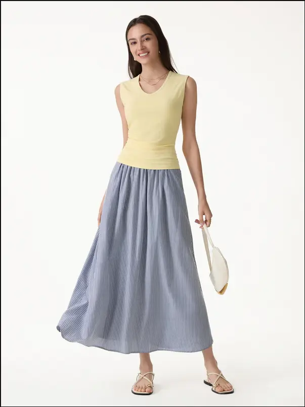 Women's Striped Poplin High Rise Umbrella Midi Skirt with Pockets - Navy/White Stripe