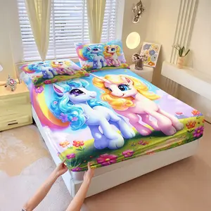 Dreamy and sweet unicorn-themed fitted sheet set,Includes 1 Fitted Sheet & 2 Pillowcases without Filler,Energetic and innocent design,Suitable for children and teenagers,Comfortable and soft,Suitable for all seasons.