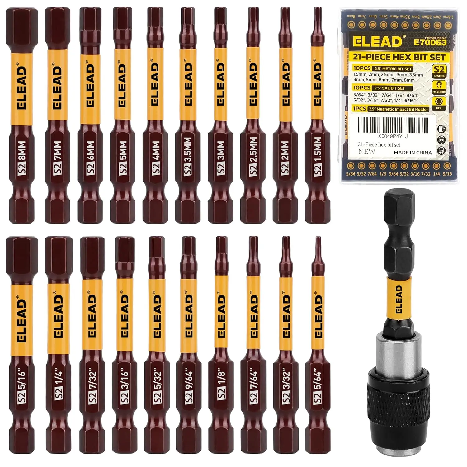 Allen-Wrench Hex Drill Bit Set: 21PCS Durable Impact Allen Key Set, Long-Lasting Strong Magnetic Hex Screwdriver Bit Set, SAE & Metric Size, Mechanic Automotive Furniture DIY Home Repairs ELEAD