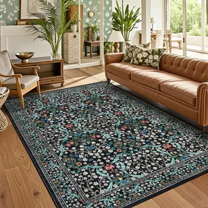 GARVEE 5x7 Washable Area Rug Vintage Floral Area Rug For Living Room Stain Resistant Easy Cleaning Throw Carpet With Non-Slip Backing Floor Cover For Bedroom Dining Room Office,Black