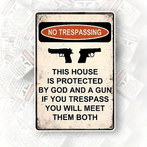 [Aluminum plate signboard][Large | Novelty Metal Sign]  Large Novelty No Trespassing Metal Sign |   12x8 Inches Protected By God And A Gun |   Deterrent Warning Sign Home Security Humor Decor Private