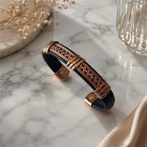 Solid Copper Leather Wrapped Magnetic Bracelet Energy Pain Jewelry Zig Zag
