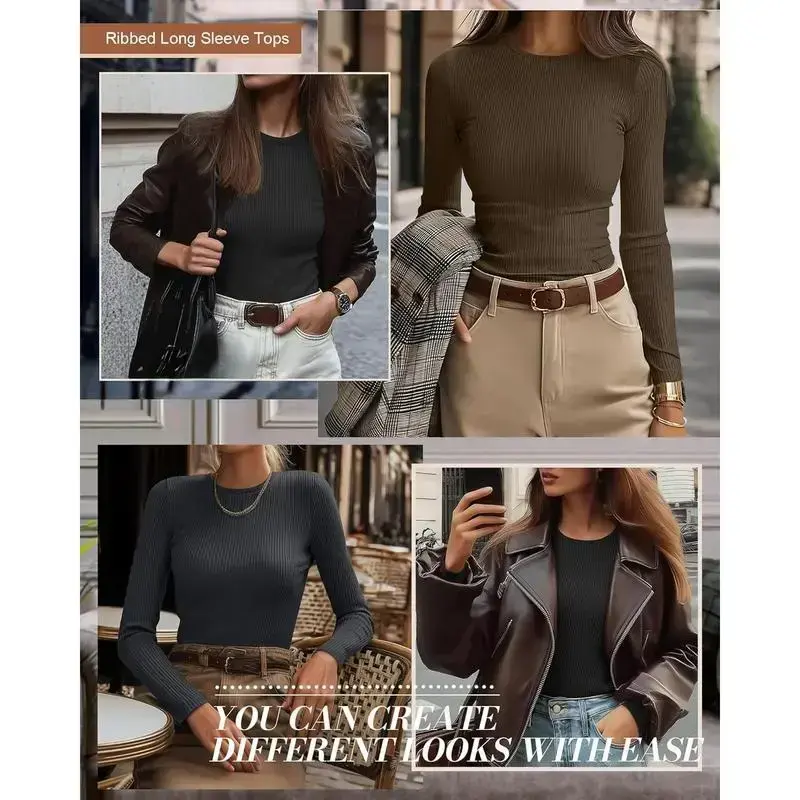 3 Pack Women's Ribbed Long Sleeve Tops, Crew Neck Slim Fit Undershirts Knit Basic Casual Stretch Layering Tee Shirts Elegant Womenswear(gift) 3 Pack Women's Ribbed Long Sleeve Tops, Crew Neck Slim Fit Undershirts Knit Basic Casual Stretch Layering Tee Shirts Elegant Womenswear(gift)