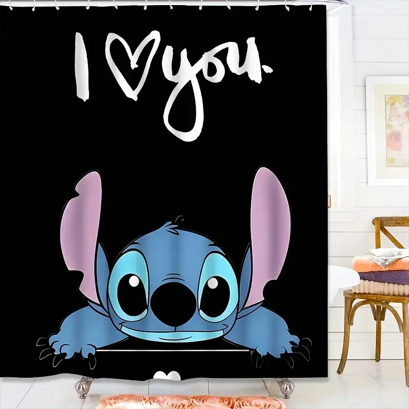 Disney Classic Stitch Shower Curtain - "I Love You" Print, Waterproof Polyester Material, Includes Hooks, Cute Cartoon Bathroom Decor Accessory