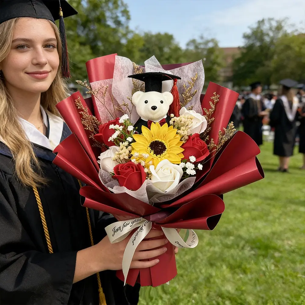 Graduation Bouquet with Teddy Bear & Graduation Cap, Artificial Sunflower Rose Flower Bouquet, Cute Graduation Gift for Her, Photo Prop for High School College Graduation Party, Graduation Decorations & Souvenir Gift, Grad Party Favor, Decorative Gifts
