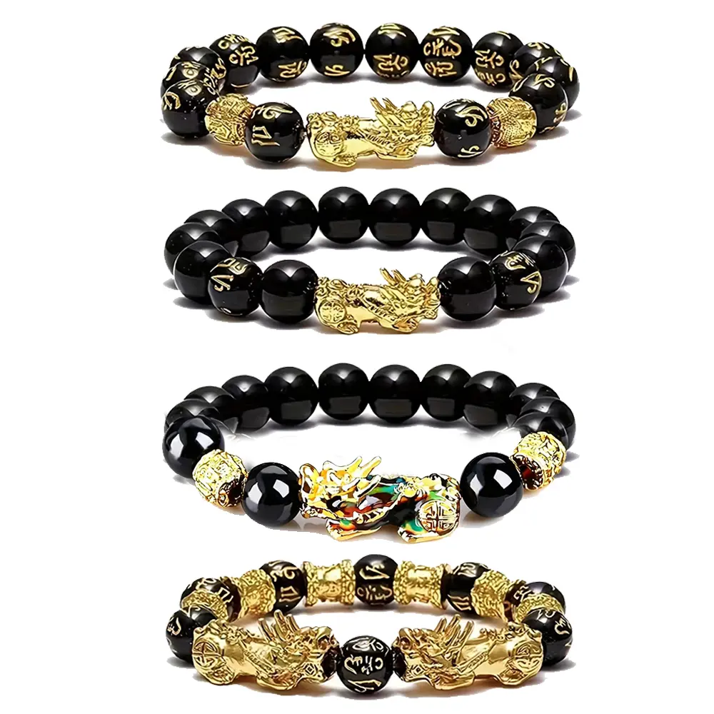 Unisex 4PCS Retro Golden & Black Feng Shui Dragon Bracelets & Bangles Set, Natural Tiger Eye Stone, Auspicious Wealth Attraction Design Pixiu Pendant for Daily Wear & Feng Shui Enthusiasts, Beads
