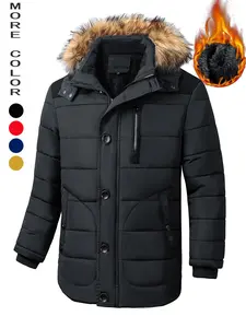 Men's Contrast Faux Fur Trim Hooded Jacket, Regular Fit Casual Long Sleeve Button Front Zipper Coat for Winter, Men's Clothes for Daily Wear, Fashion Casual Coats