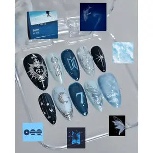 Arirang Comeback Press On Nails, Swim Deep Blue Water Ripple, 3D Silver Chrome Whale Fake Nails, Army Fan Gift Custom Reusable Nails