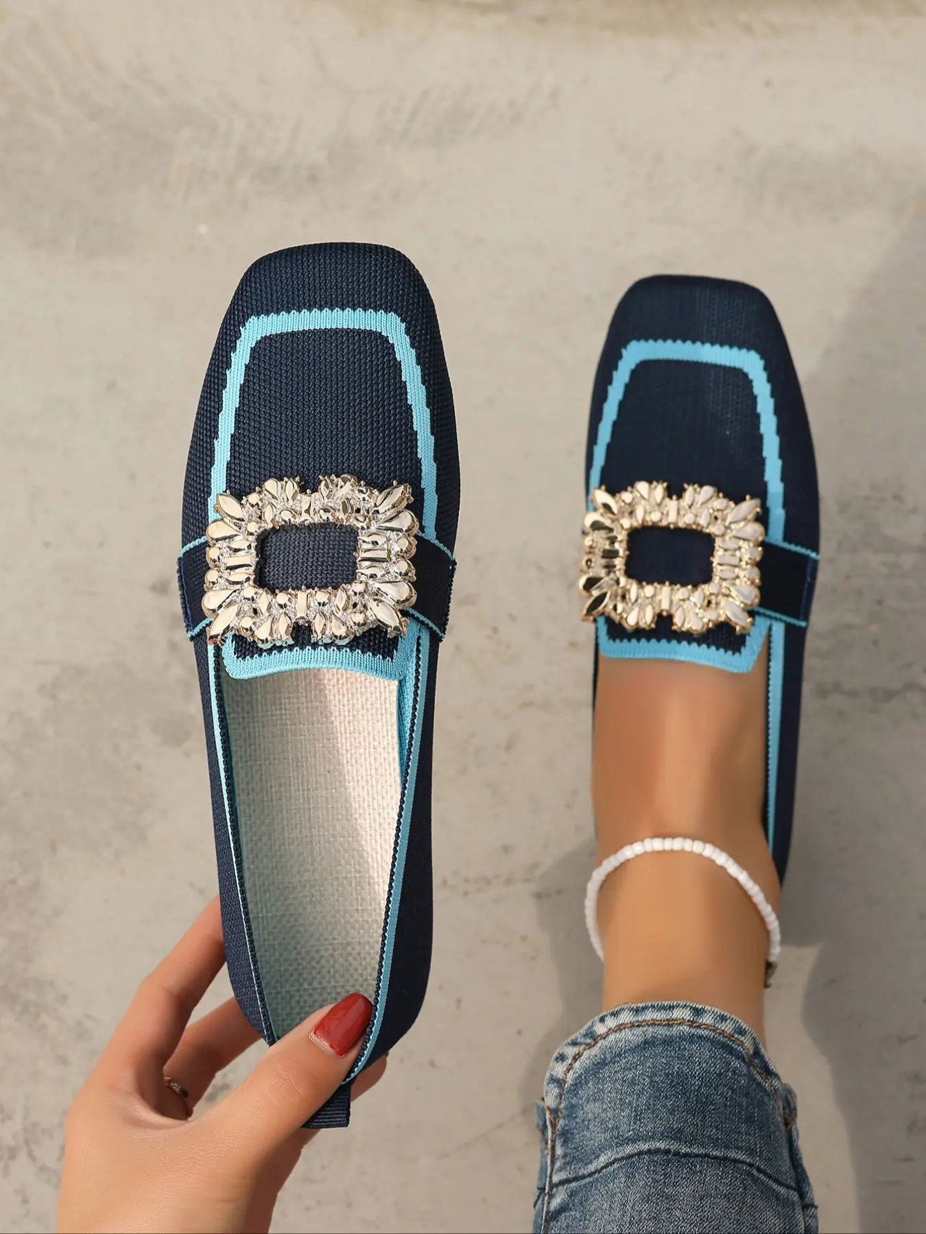 Women's Breathable Lightweight Summer Flat Shoes, Rhinestone Buckle Design, Slip-On Comfort Casual Walking Shoes, Perfect for Daily Commuting and Shopping