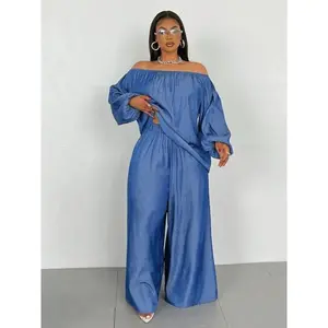【Plus Size】 Solid Off Shoulder Top & Wide Leg Pants Set, Casual Fashion Cozy Top & Trousers for Daily Outdoor Wear, Women's Clothing for Spring（gift）