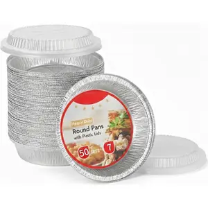 50-Pack Disposable Aluminum Foil Pans with Clear Lids – 7 Inch Circular Aluminum Pans, Ideal for Baking, Storing, Heating, Serving - Round Foil Pans with Lids
