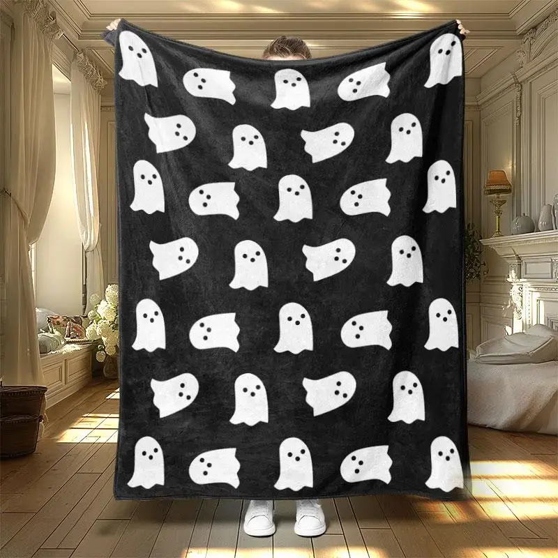 Halloween Ghost Throw Blanket, Black White Spooky Flannel Cover, Cute Boo Blanket, Movie Night Sofa Bedspread, Dorm Party Room Decoration, Fall Couch Accent, Horror Fan Gift for Teens Kids, Family Home, Autumn Room Accent