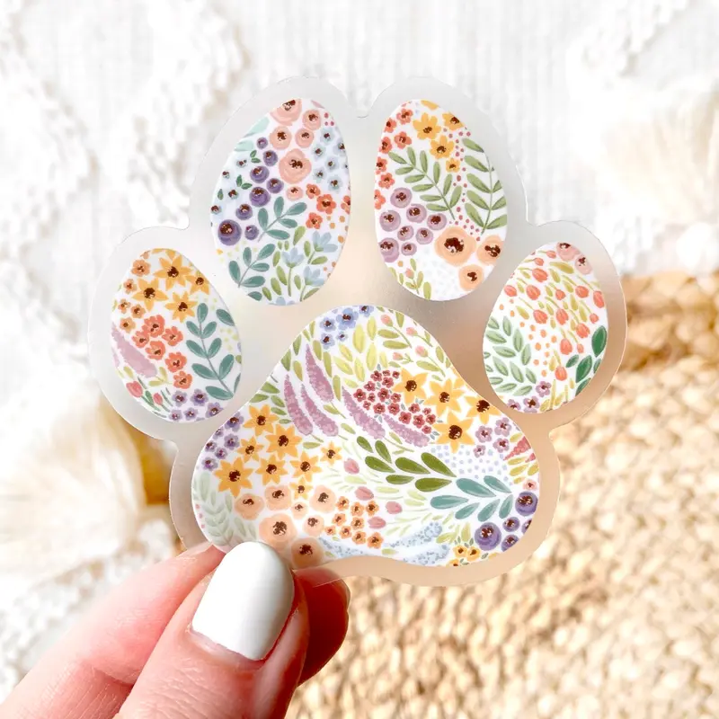 Floral Paw Print Clear Waterproof Vinyl Sticker, 3x3"