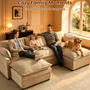 108" U-Shaped Modern Sofa Modular Sectional Cloud Couch with 2 Ottoman, Comfy Chenille Deep Seat Sofa Bed with 5 Pillows for Living Room, Bedroom and Apartment, 5-Seater