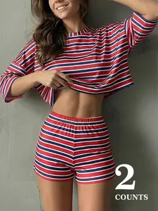 2-Pack Red Blue White Stripe Crop Top & Shorts Set - Womenswear 2026 Trending Y2K Casual Striped Outfit, Soft Fabric Perfect for Loungewear & Daily Clothes