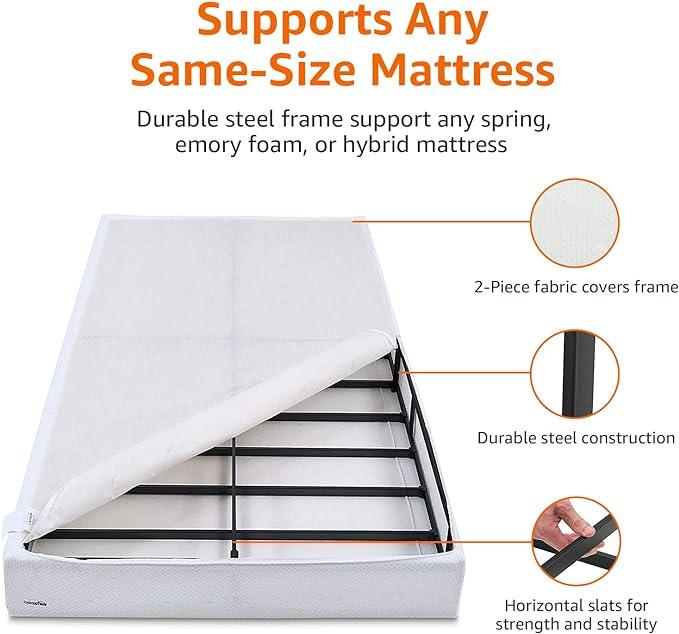 Amazon Basics Smart Box Spring Bed Base, 5 Inch Mattress Foundation, Tool-Free Easy Assembly, Queen, White