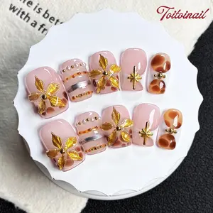 Gold Tortoise Handmade Press‑On Nails | Short Square Shape, 10pcs Sheer pink base with 3D gold leaves, tortoise print & pearl chain details Luxury vintage style, delicate metallic accents for elegant daily wear, reusable false nails
