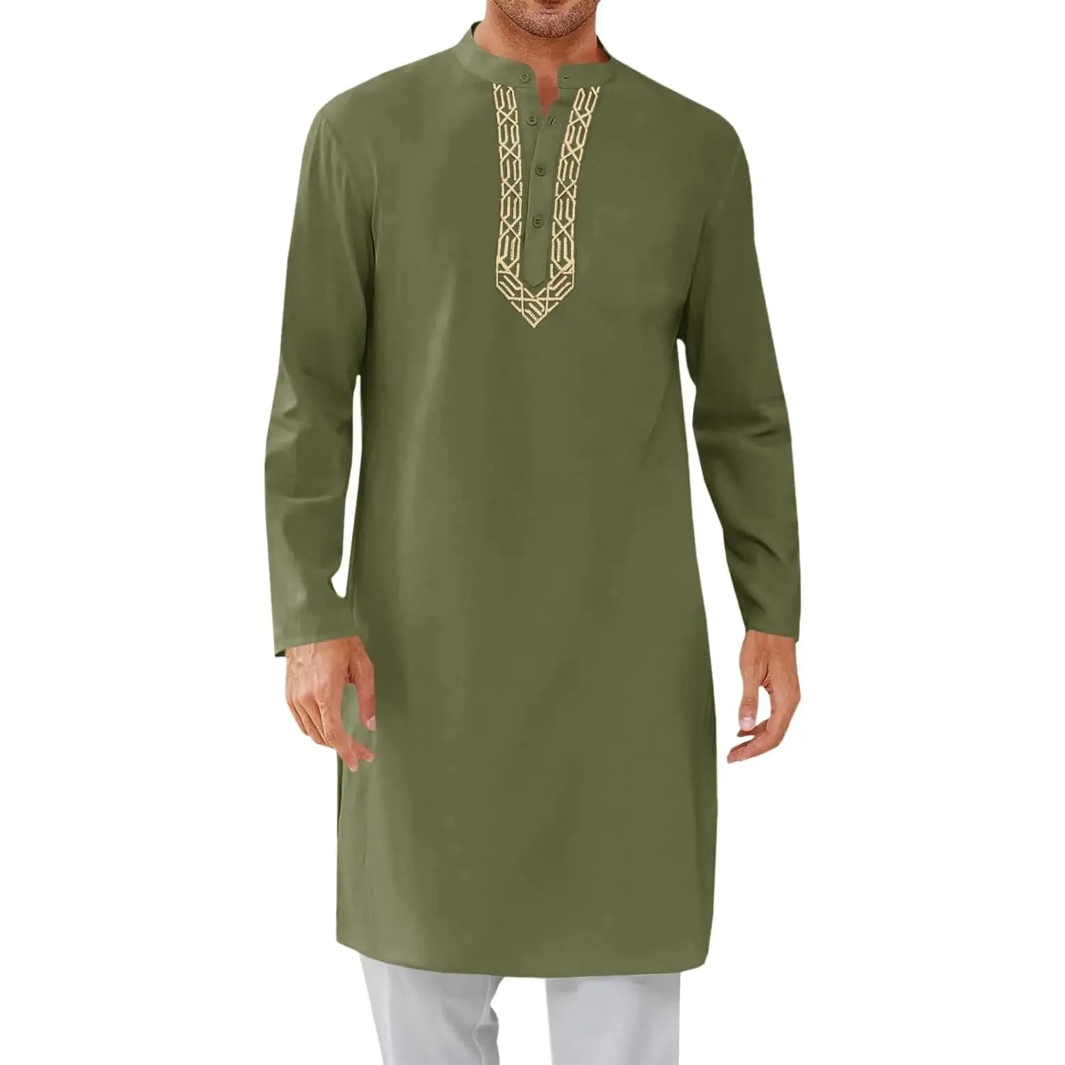 PASLTER Mens Kaftan Thobe Button Down Casual Henley Shirts Long Sleeve Robe Cotton Linen Muslim Gown Shirt