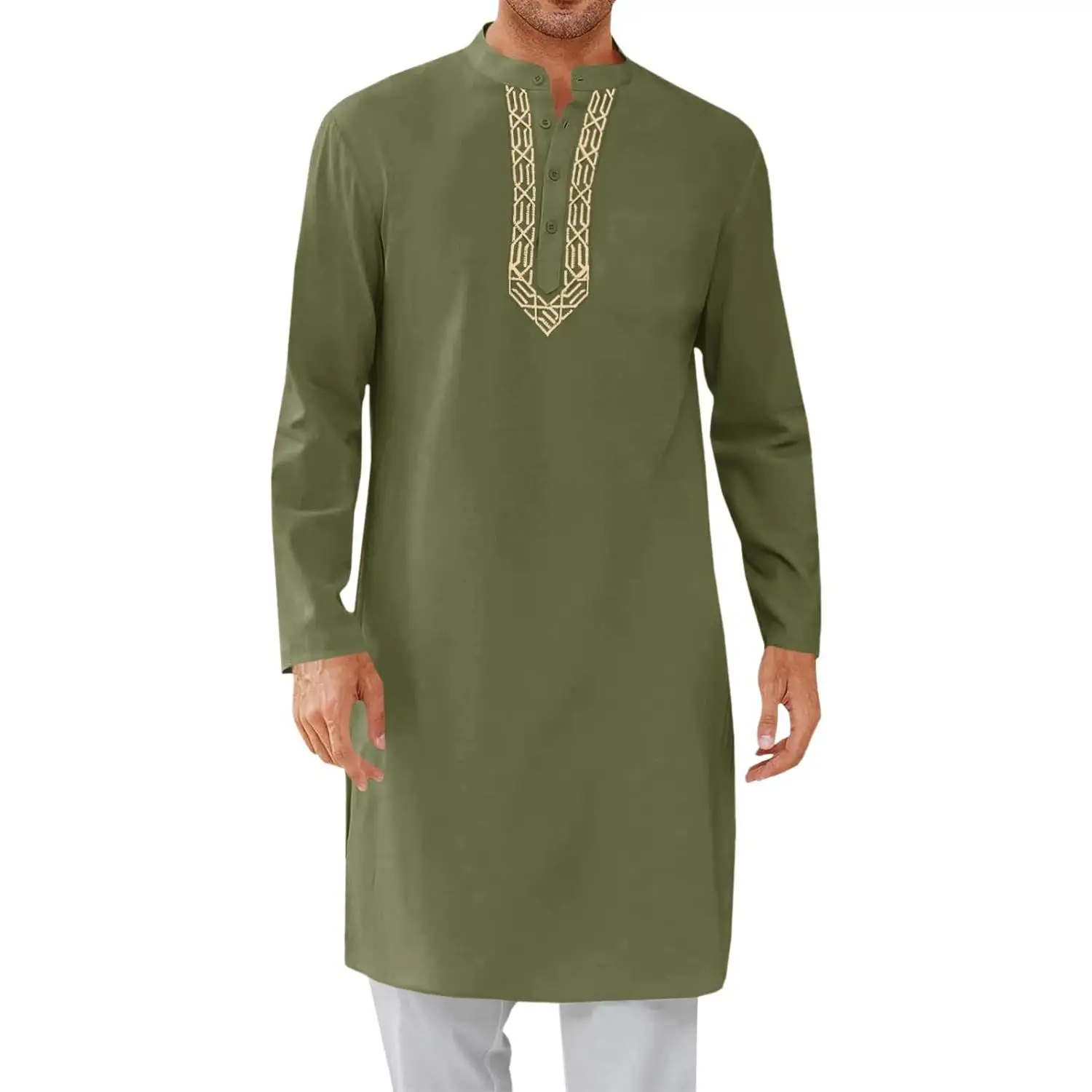 PASLTER Mens Kaftan Thobe Button Down Casual Henley Shirts Long Sleeve Robe Cotton Linen Muslim Gown Shirt