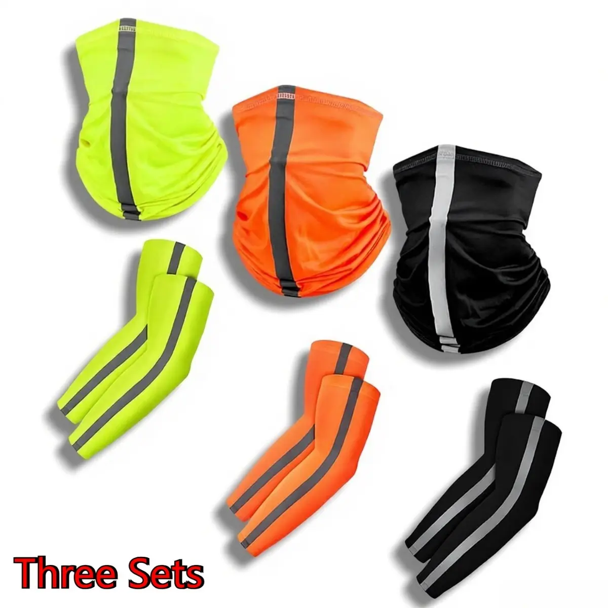 9 Pcs Ice Silk Face Mask Arm Sleeves Set Reflective Stripe Balaclava UV Sun Windproof Cycling Running Neck Gaiter Outdoor Sports