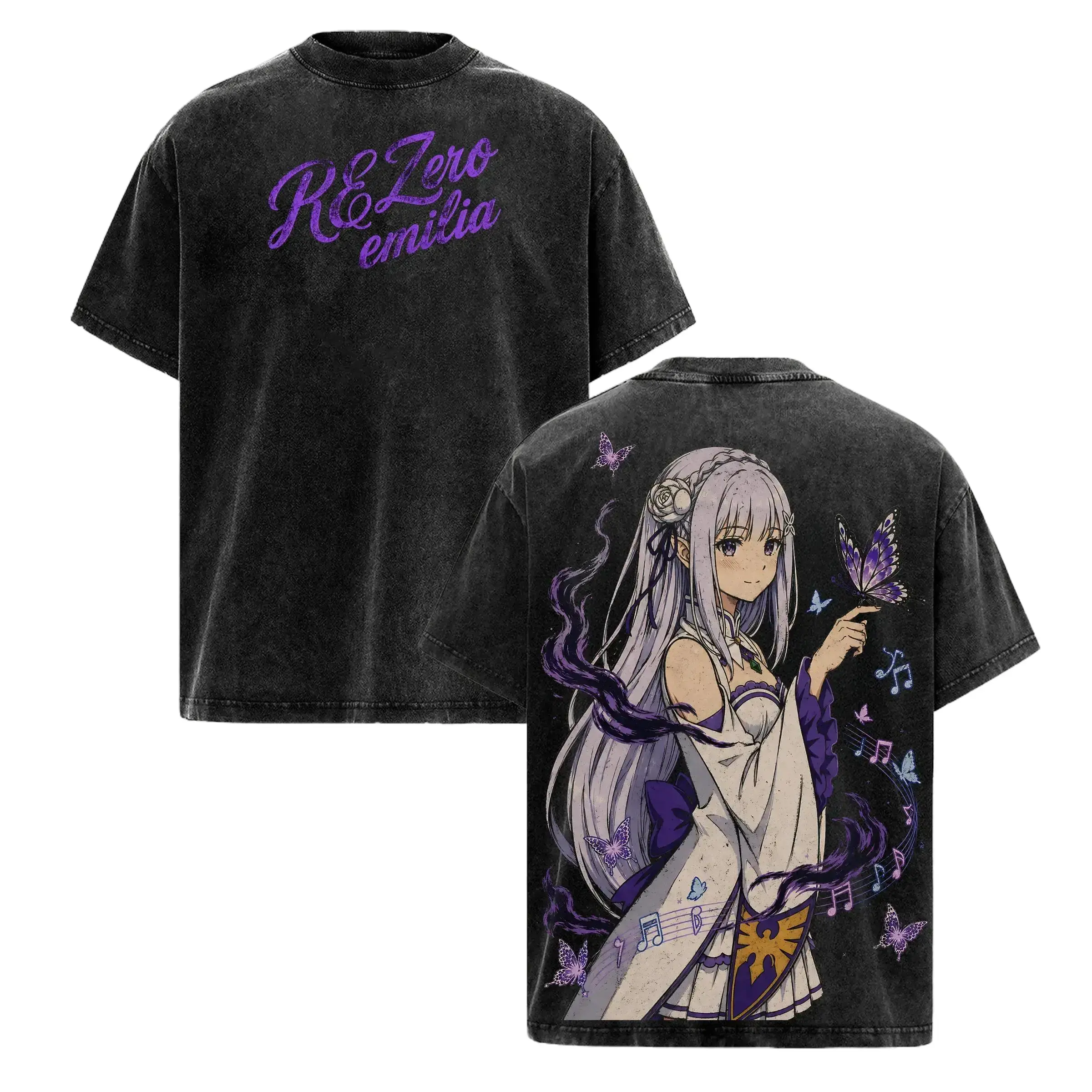 Women's Re:0 Emilia Printed Anime Graphic Tee - Vintage Washed, Oversized, Heavyweight Cotton, Retro Butterfly, Y2K Trendy, Thanksgiving-Easter Apparel, Streetwear Otaku Waifu Manga Merch, Cosplay Casual Tops, 1-Piece TikTok Aesthetic Summer Outfits