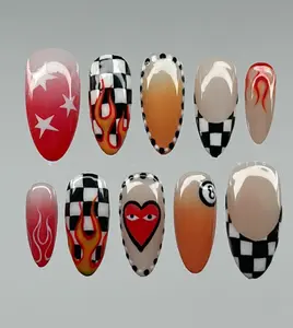 Y2K Punk Press On Nails | Flame, Checkered & Heart Eye Design with 8-Ball & Star Accents | Bold Retro Nail Art | Handmade Edgy Cool Girl Set