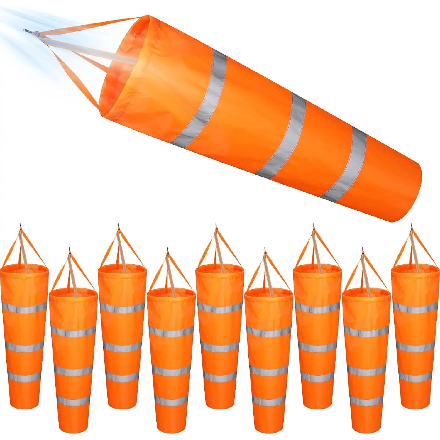 10-Pack 40-Inch Heavy-Duty Rip-Stop Orange Windsocks with Reflective Belt, Outdoor Hanging Wind Direction Indicators for Airport, Farm