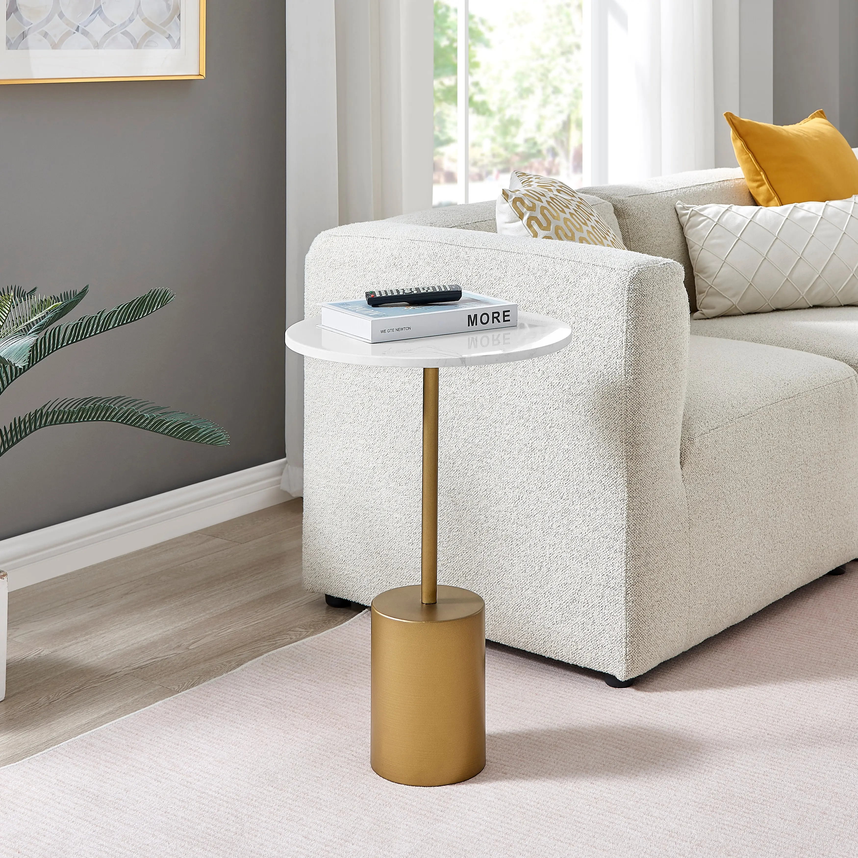 Fritz Midcentury Modern Pedestal Side Accent Table with Gold Metal Base and Genuine White Marble Stone Tabletop