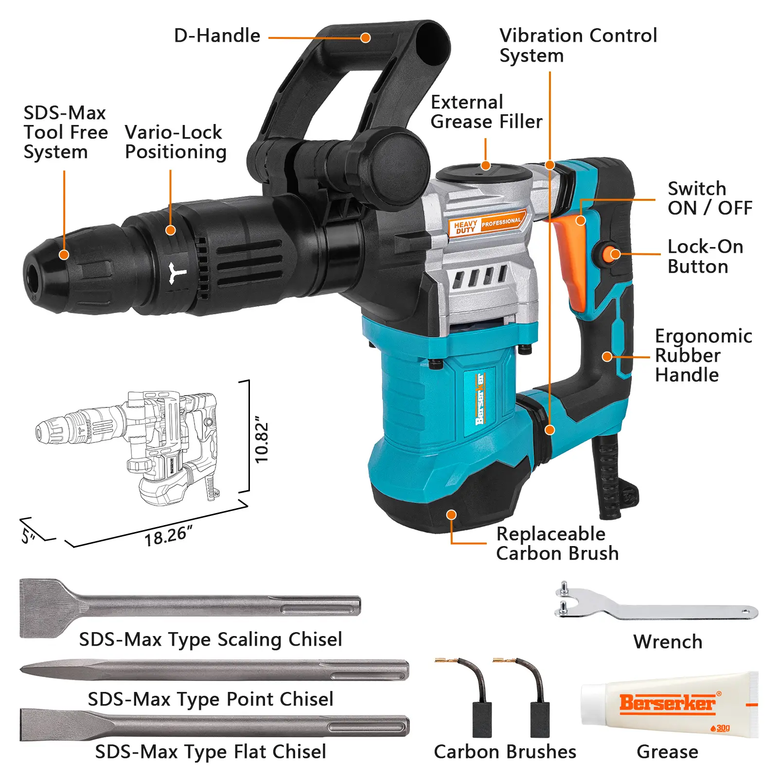 Berserker 1300W 16-Pound SDS-Max Demolition Jack Hammer, 1-9/16" 11-Amp Small Corded Electric Demo Chipping Hammer for Floor Tile Removal, Concrete Breaker with Carrying Case & 3 Chisels